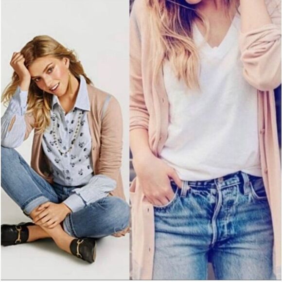 CAbi Lucy Pink Blue Trim 2 Pocket Cardigan Sweater Large #5288 - Picture 1 of 6